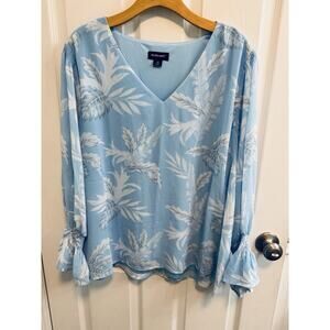 Studio Park XL Blue White Pullover Blouse Floral Sheer With Tank V-neck